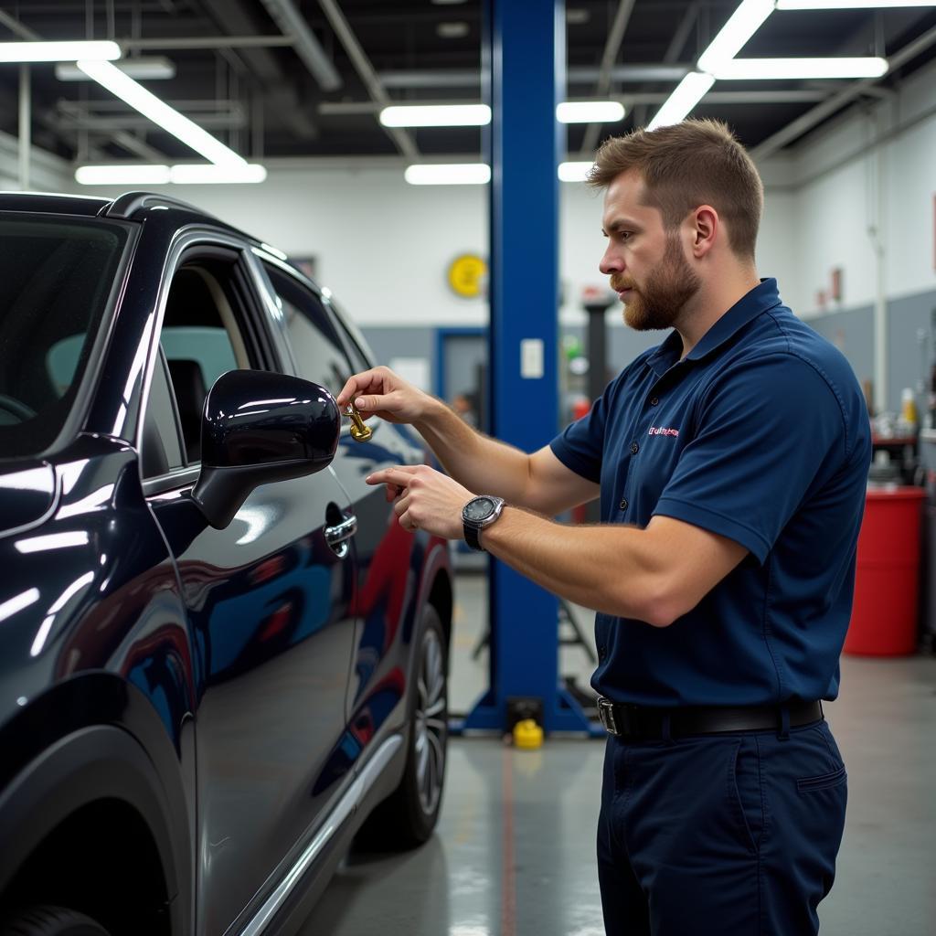 A mechanic performing routine maintenance on a car in a Hollywood garage