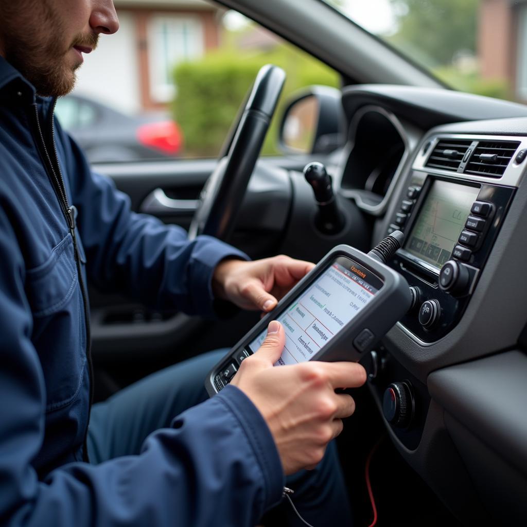 Mechanic using diagnostic tools during a home auto service call