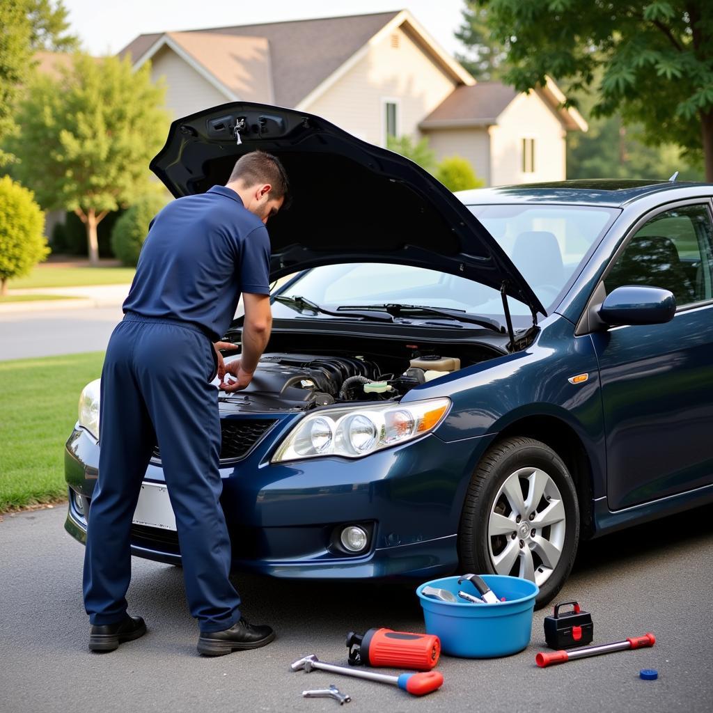 Mechanic performing home auto service on a car in a driveway