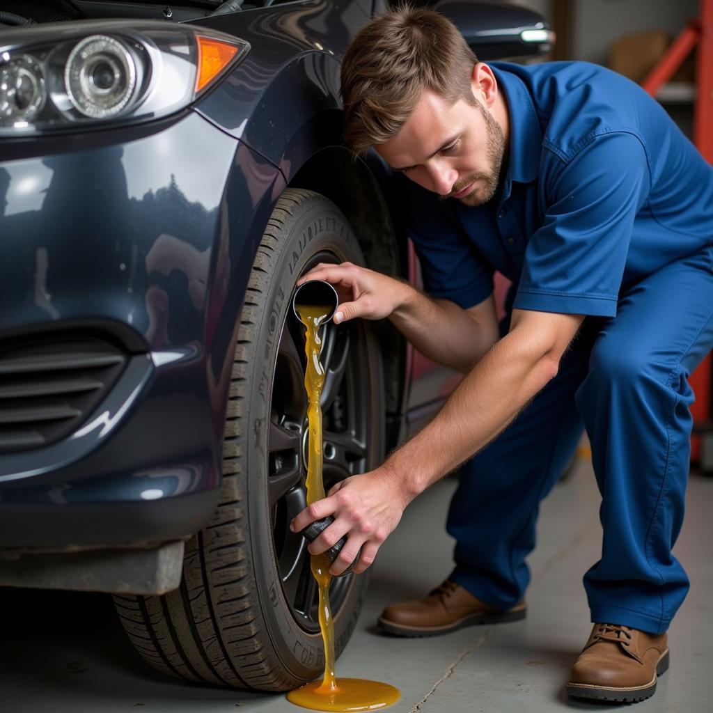 Mechanic performing an oil change as part of a home auto service