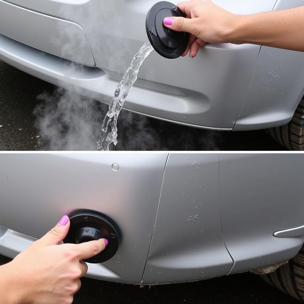 Repairing a dent in car bumper using hot water and suction