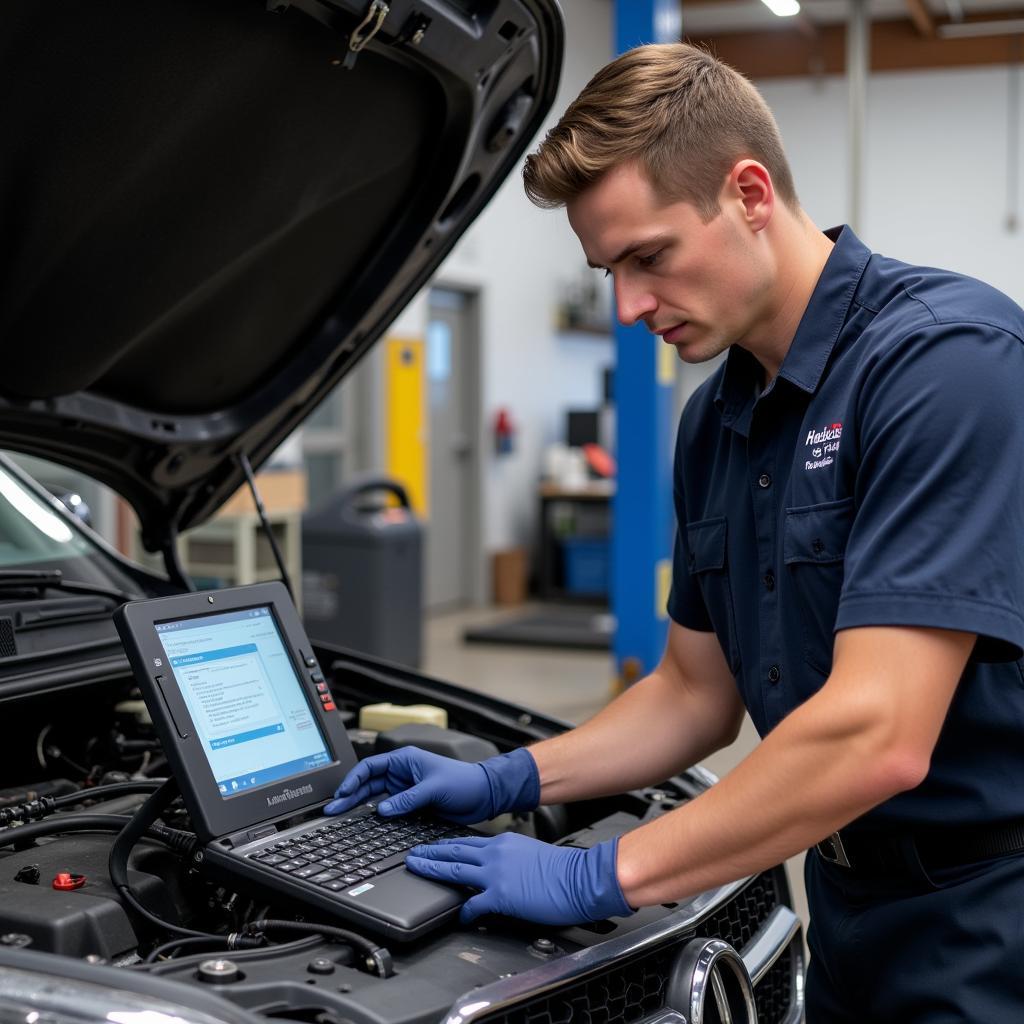 Skilled auto service technician diagnosing a car problem