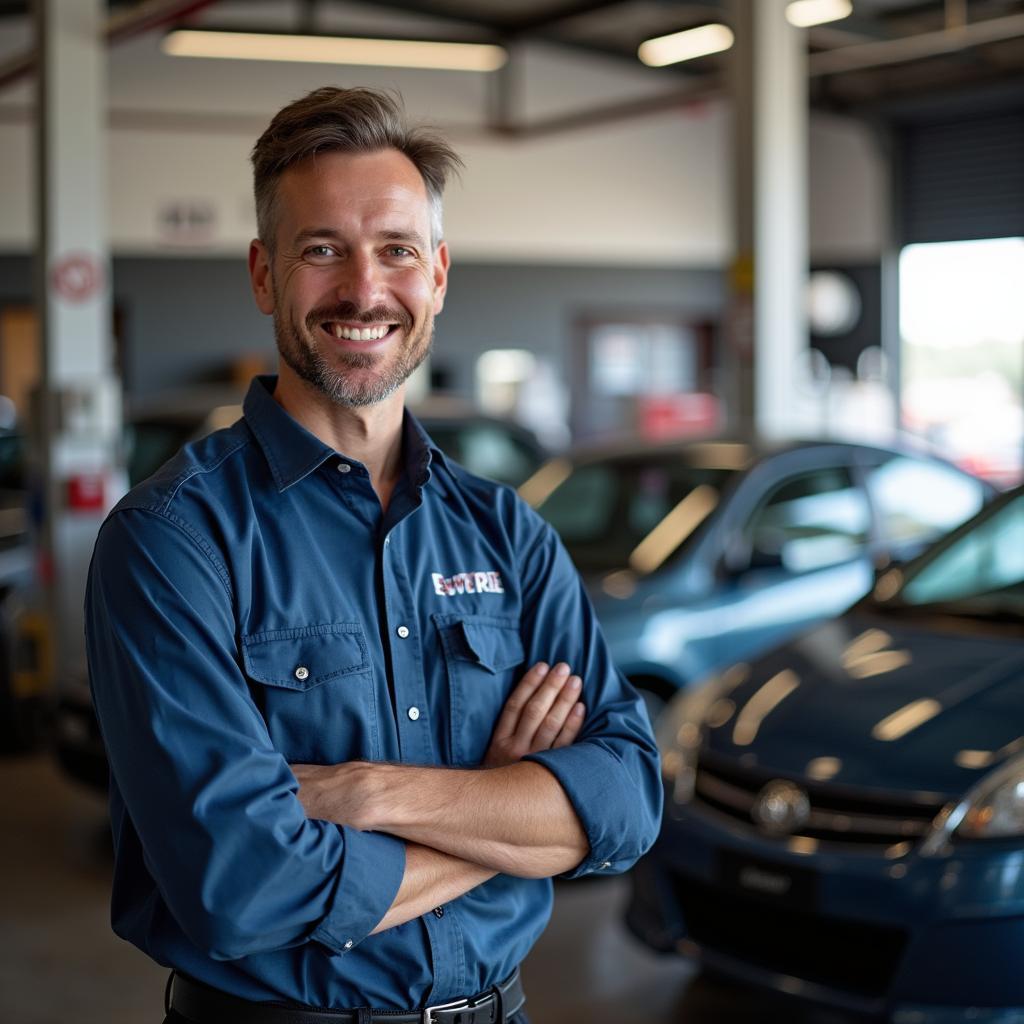 A friendly mechanic discussing car repair options with a customer at a service counter in Hudson MA. 