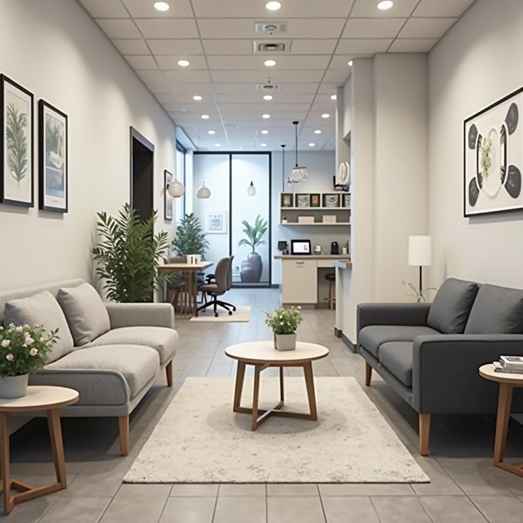 Comfortable and inviting customer waiting area in an auto service center.