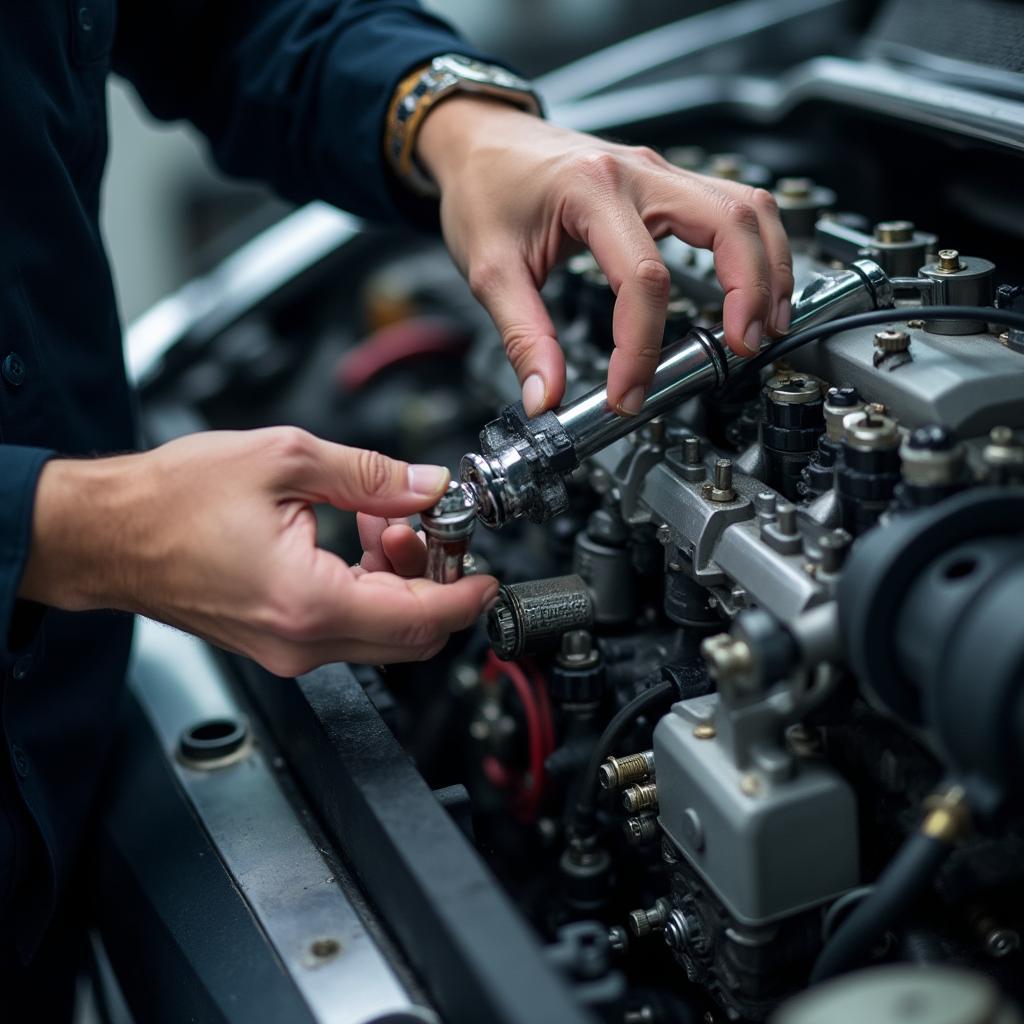 Technician Performing Hybrid Engine Repair