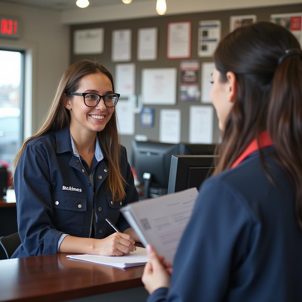 Customer service representative assisting a client at Hynes Auto Service.