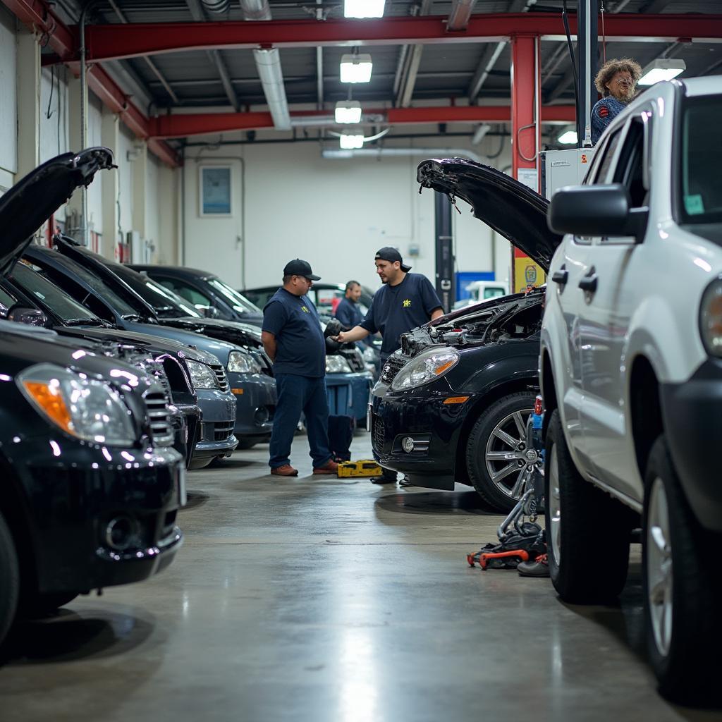 Mechanics working on a car in a Hynes Auto Service garage