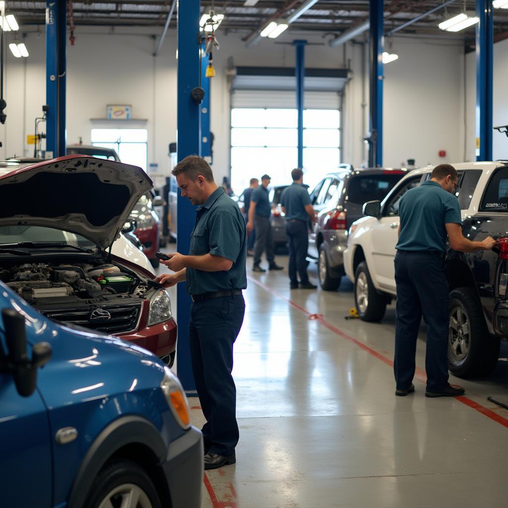 Professional car service center with mechanics working