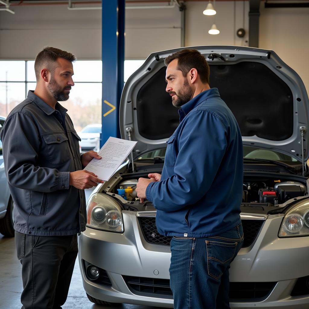 Car Owner Discussing Repair Options with Mechanic in Hermon, ME