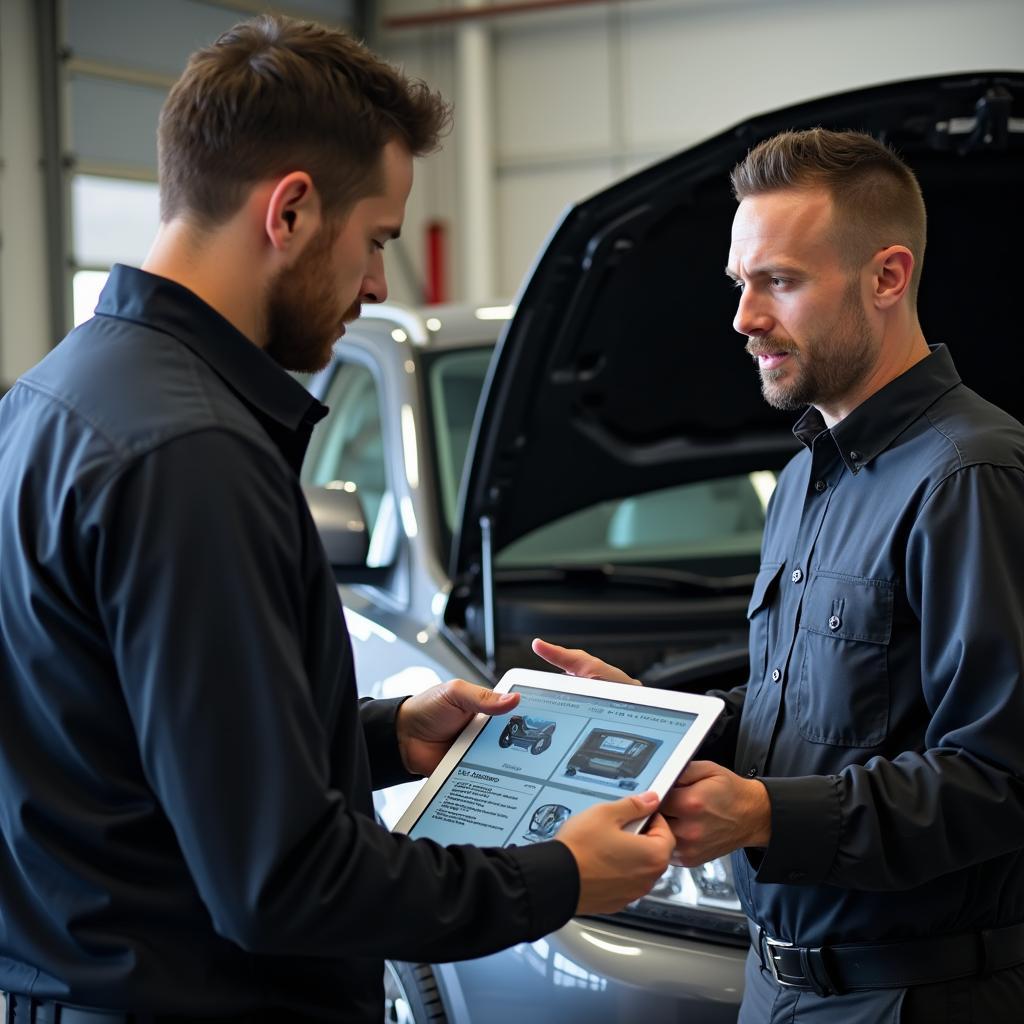 Mechanic in Indianapolis explaining car repair to customer