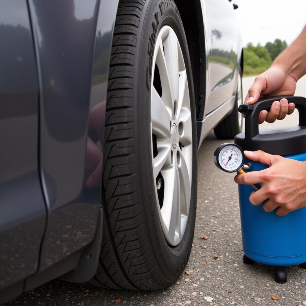 Inflating a car tire after using a puncture repair kit.