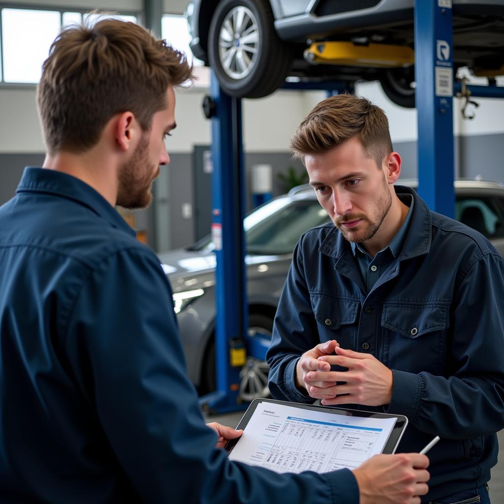 Experienced Ingolstadt mechanic explaining car diagnostics to a customer