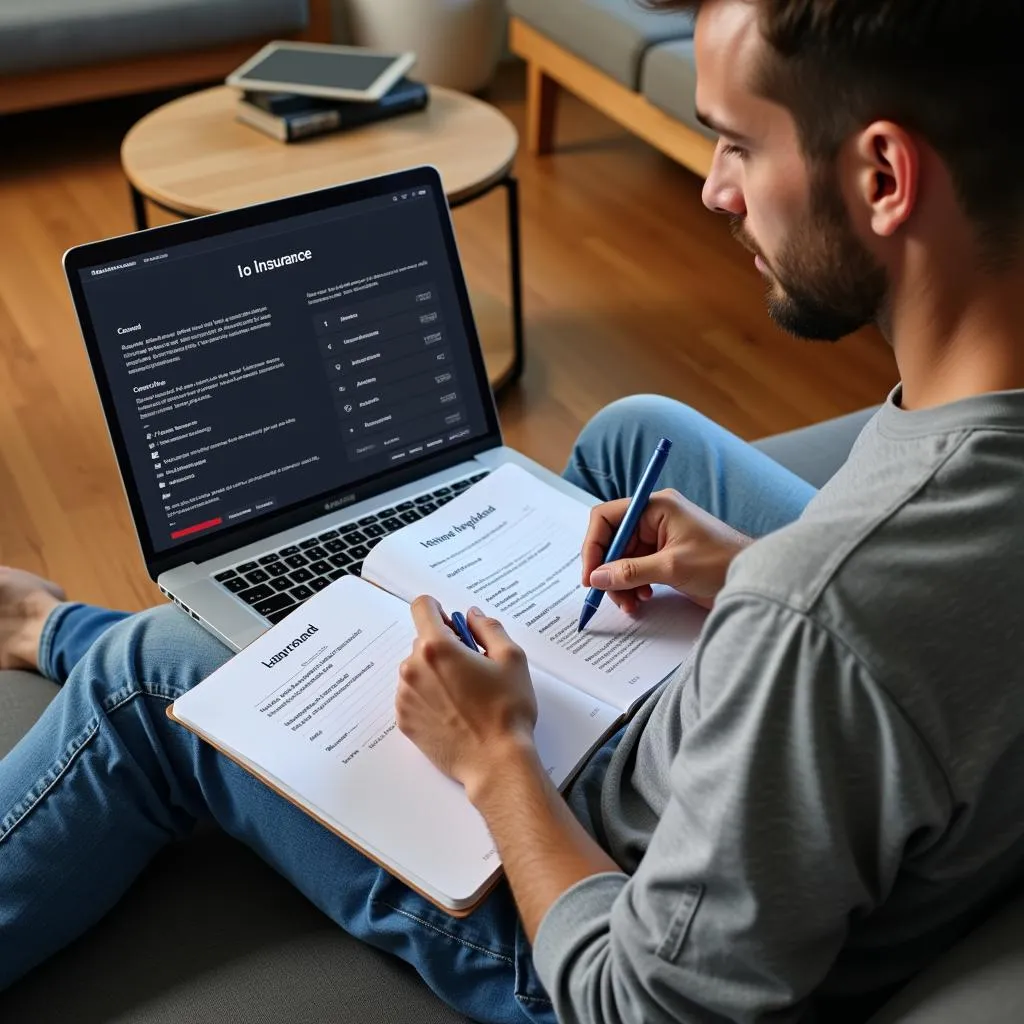 Man sitting on a couch researching insurance companies on his laptop.