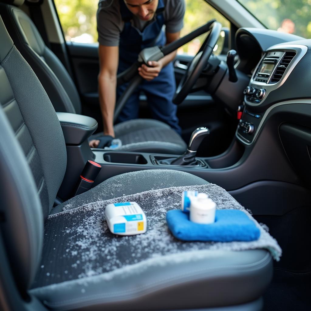 Car interior being vacuumed and cleaned during detailing