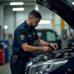 Skilled mechanic working on car engine in auto shop