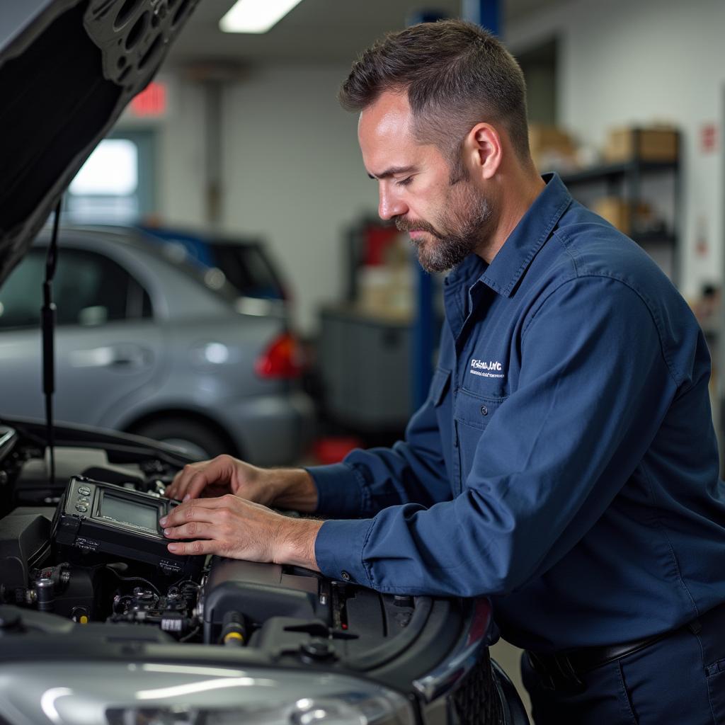 Skilled technician performing car diagnostics