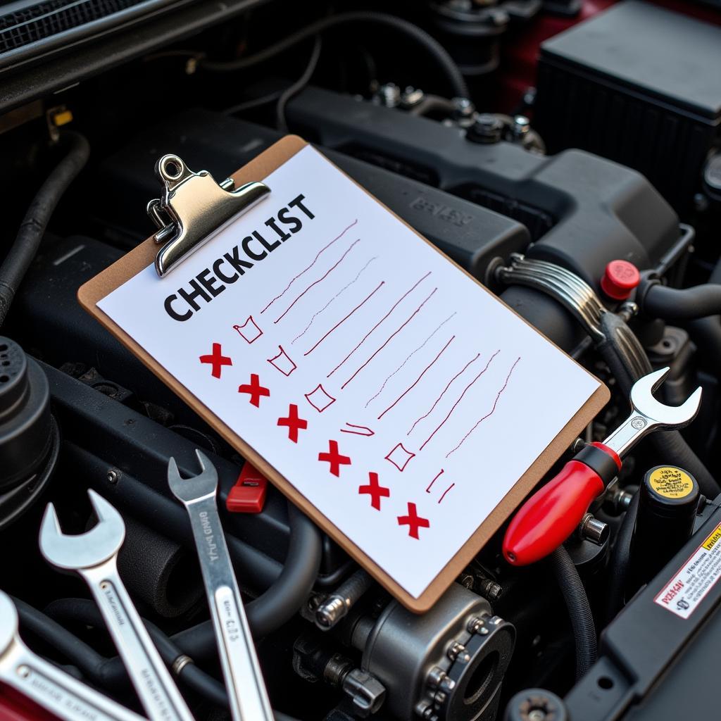 Car maintenance checklist with tools and equipment