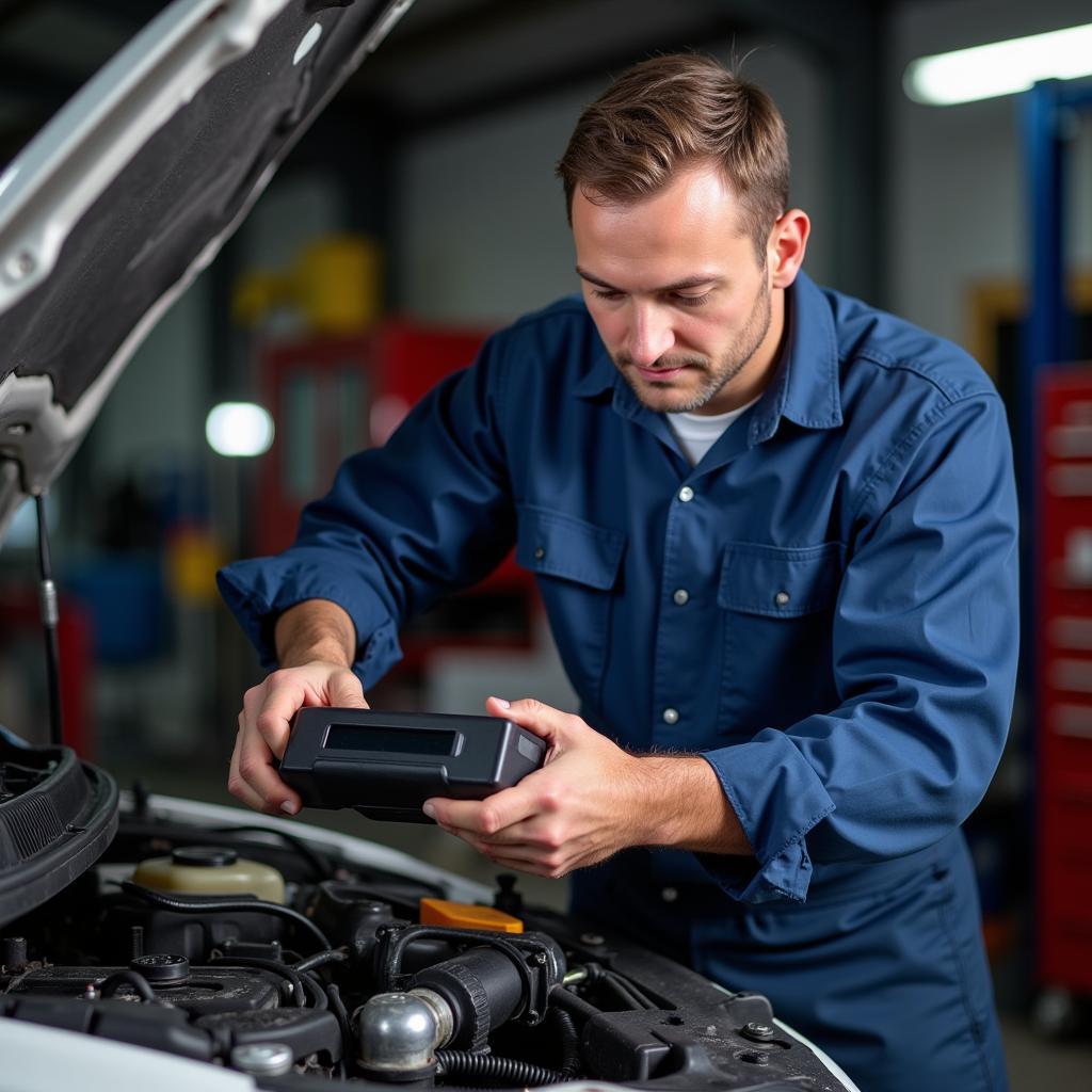 An ASE-certified technician inspecting a car engine with a diagnostic tool