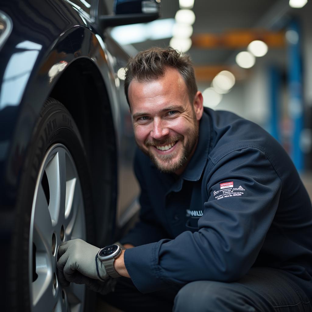 Mechanic inspecting a vehicle at Jack Williams Tire and Auto Service Center