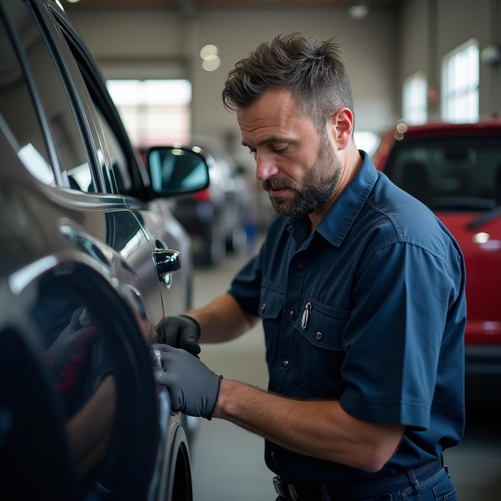 Skilled Mechanic Performing a Car Inspection at Jake's Auto Service