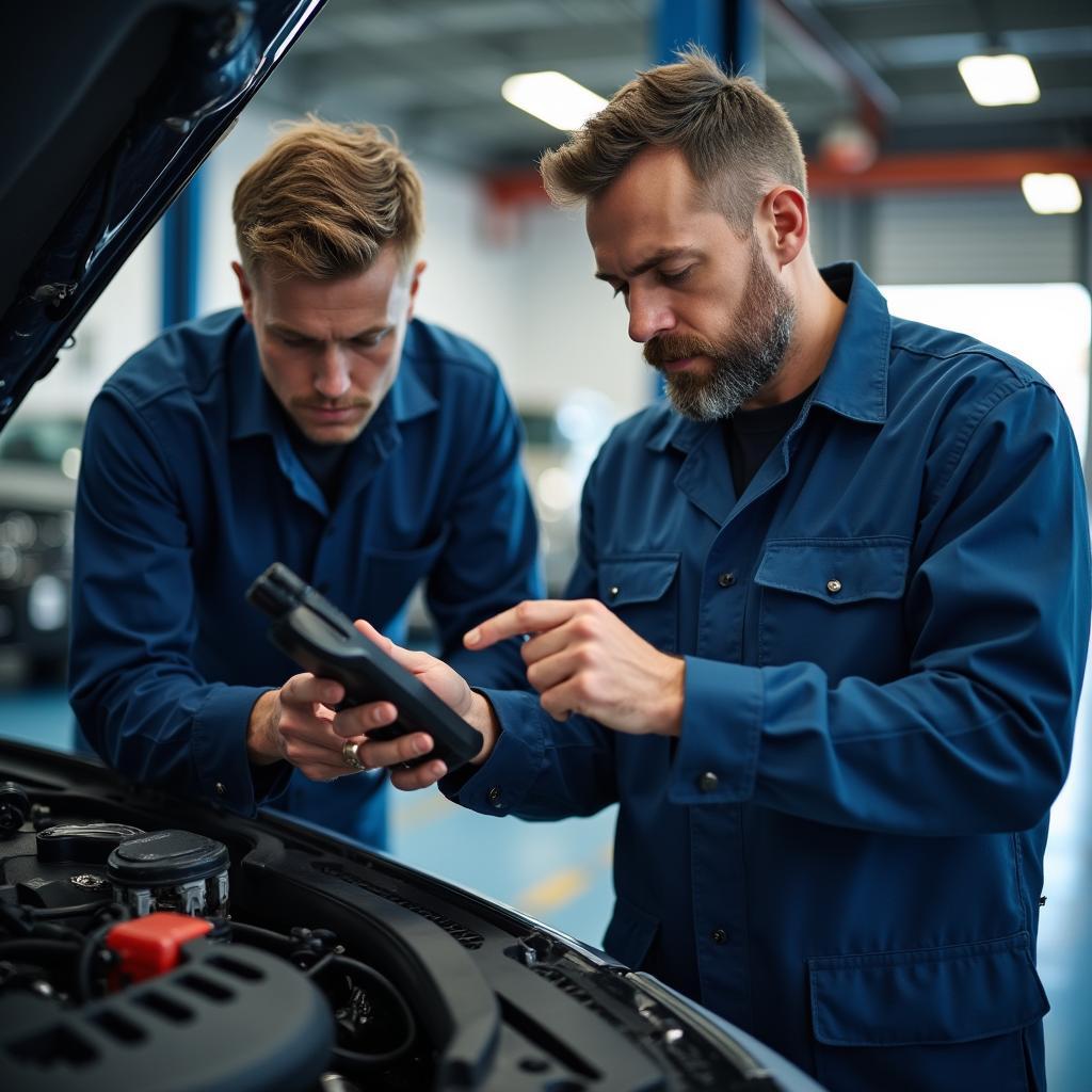 Skilled technicians performing car diagnostics and repair at a Jamison auto service center