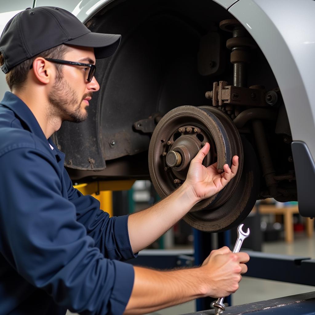 Inspecting a jammed rear axle for damage and rust