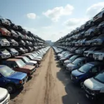 Rows of Japanese cars in a wrecking yard