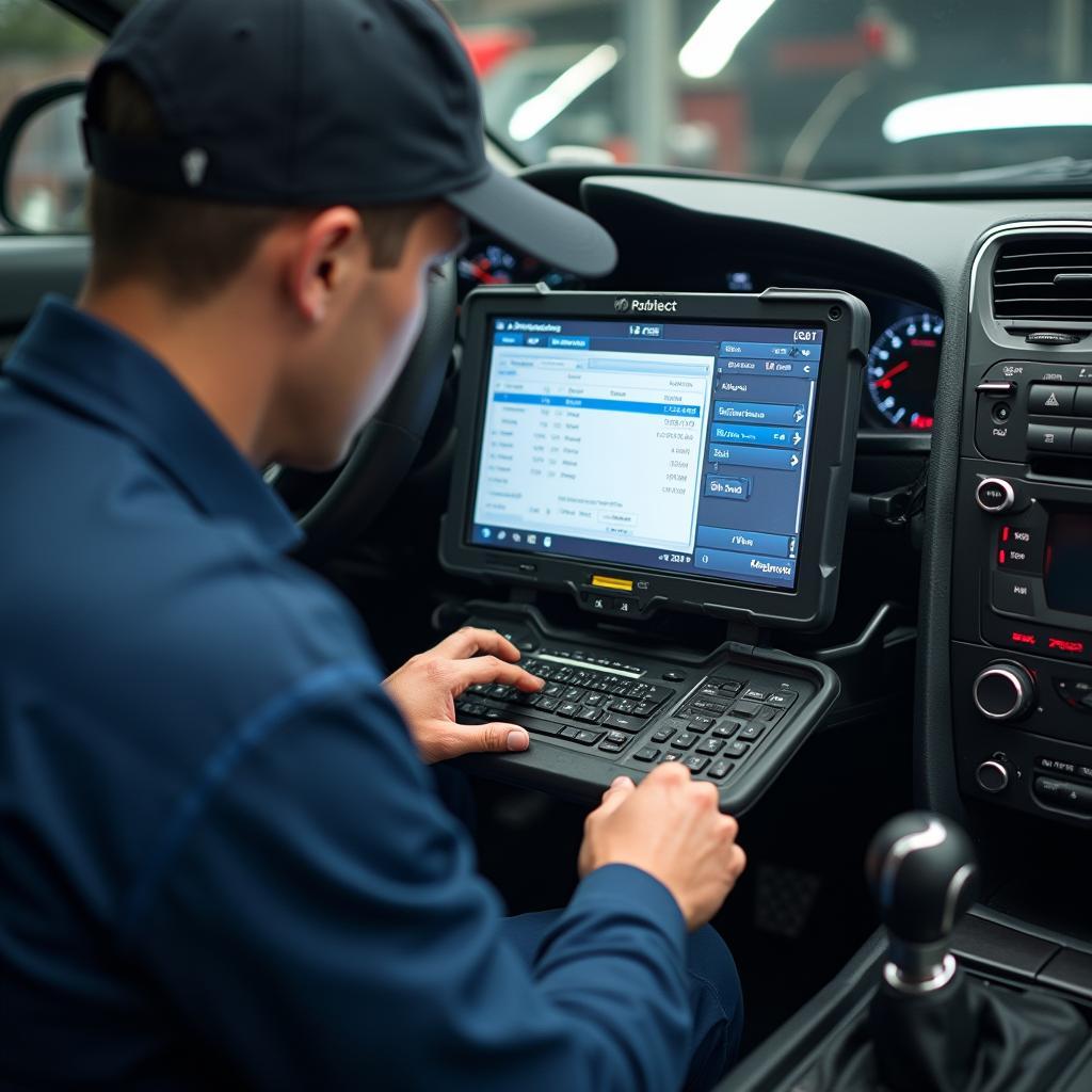 Mechanic using a diagnostic computer on a Japanese car in Arlington, VA