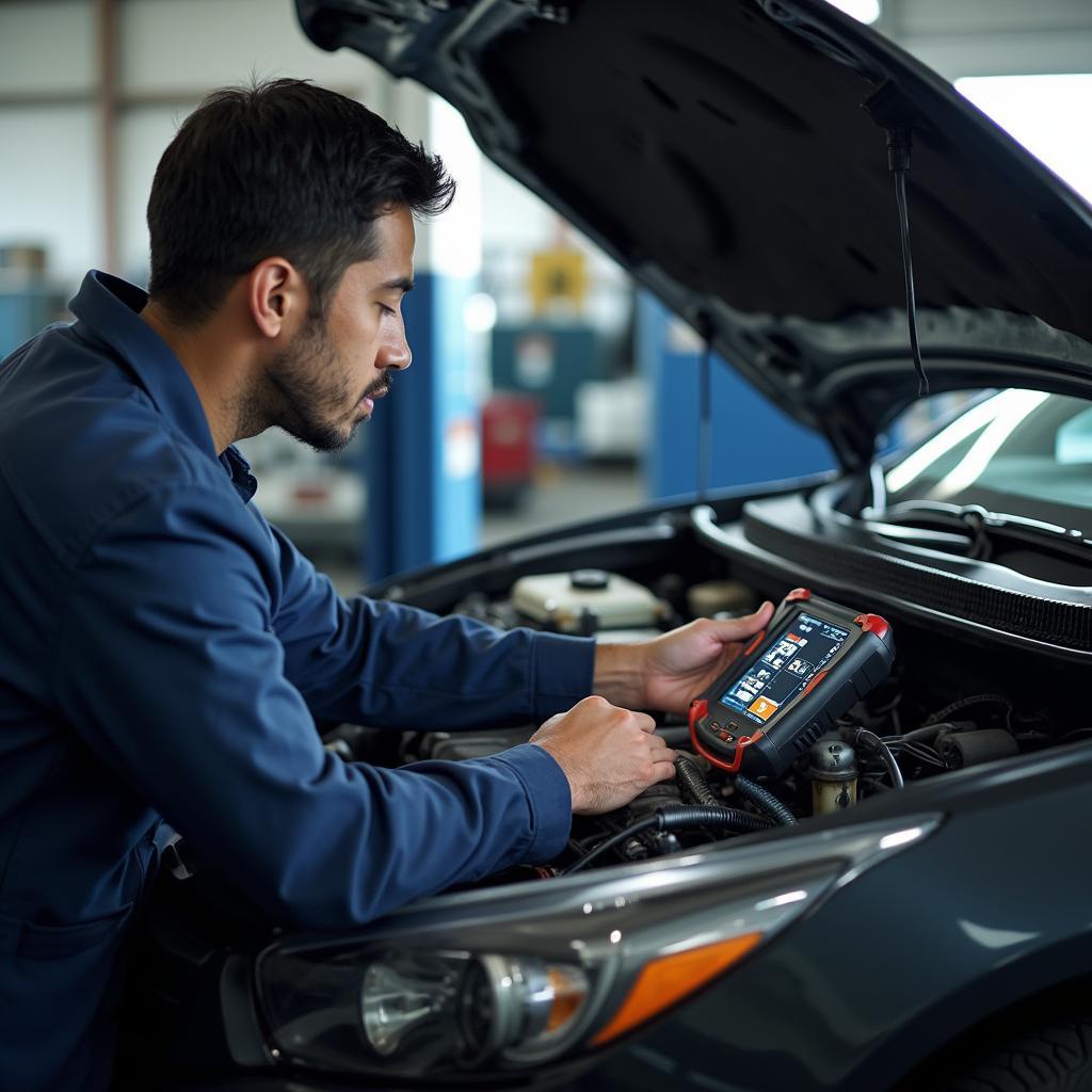 Mechanic using diagnostic equipment on a Japanese car in Hilliard