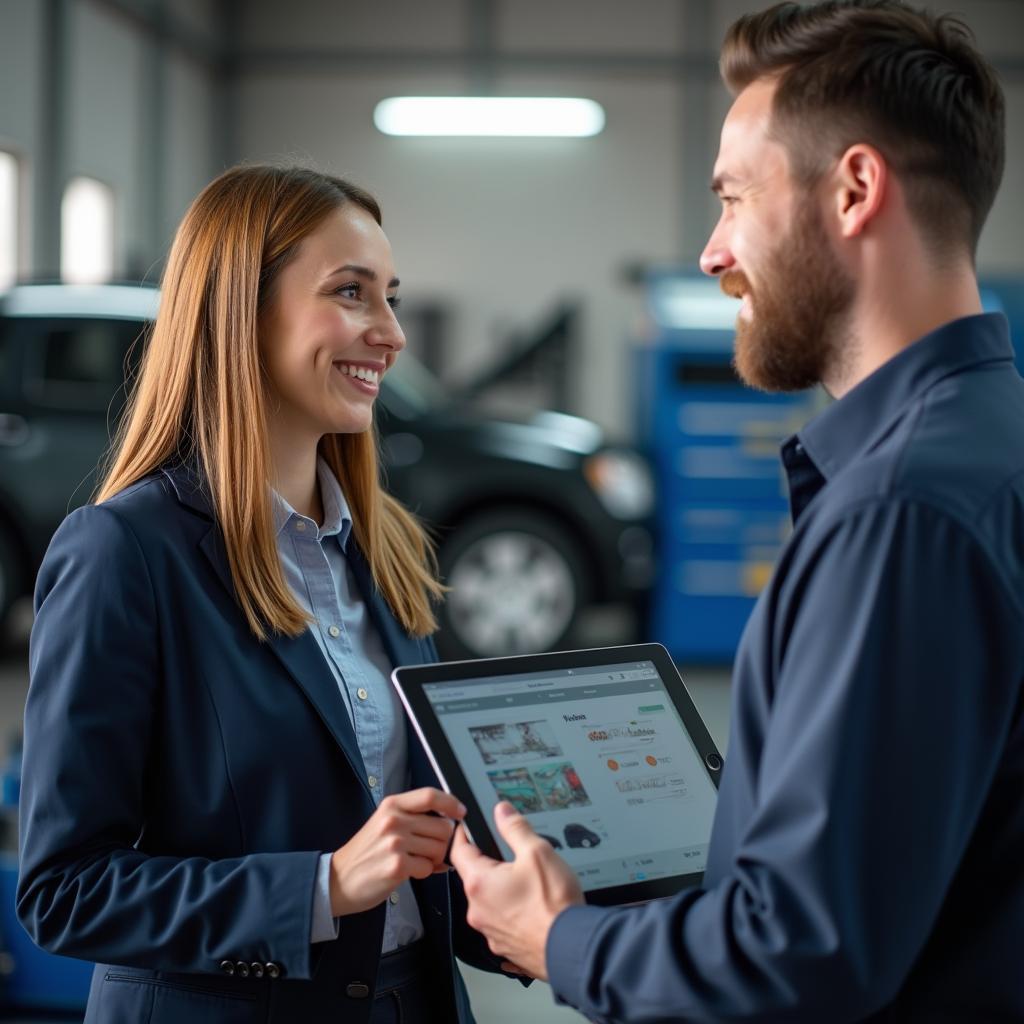 Friendly service advisor discussing car repair options with a customer