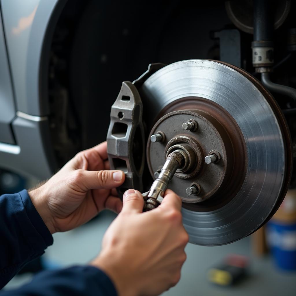 Mechanic Inspecting Brakes at Joe's Auto Service