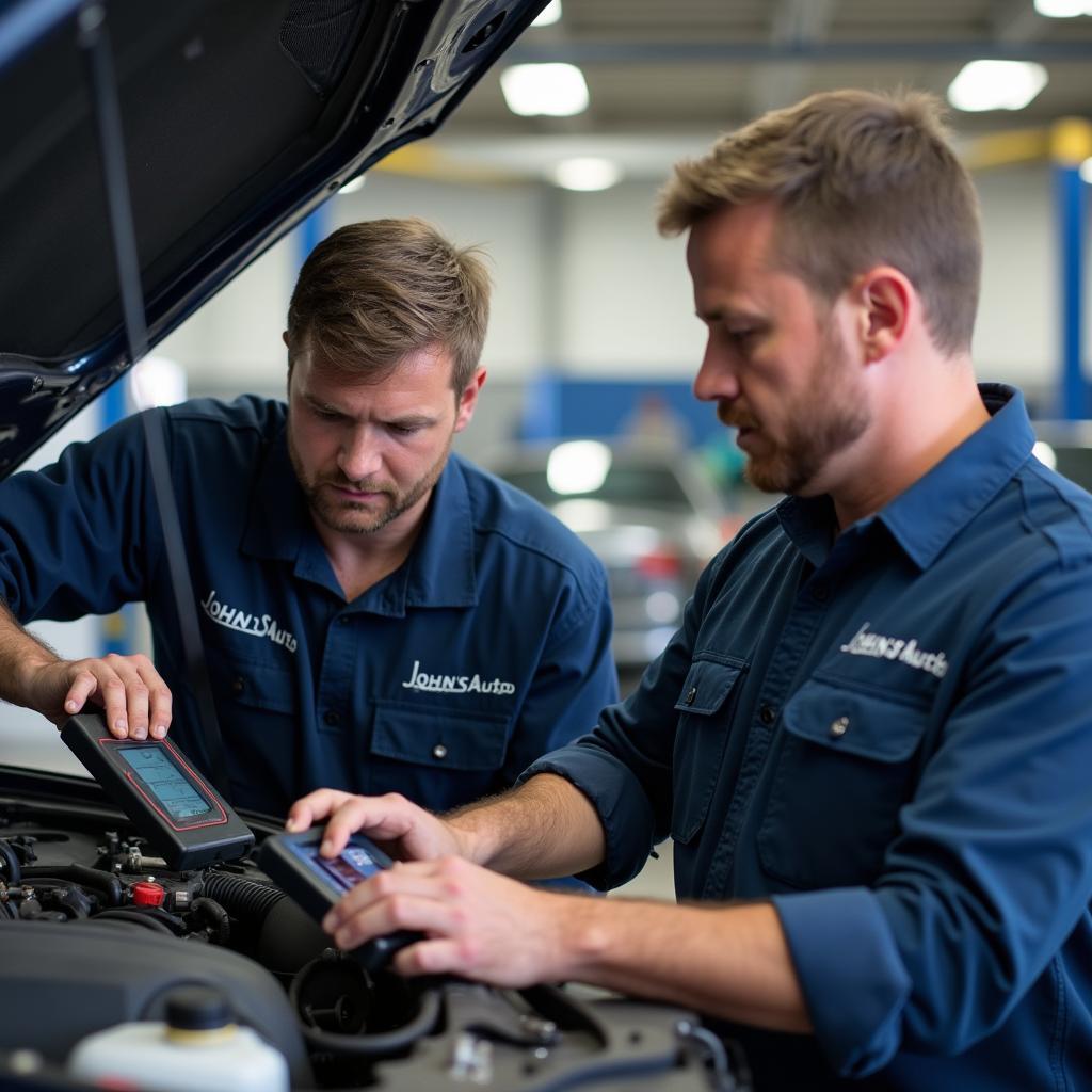 John's Auto Service Inc. Technicians Working on a Car