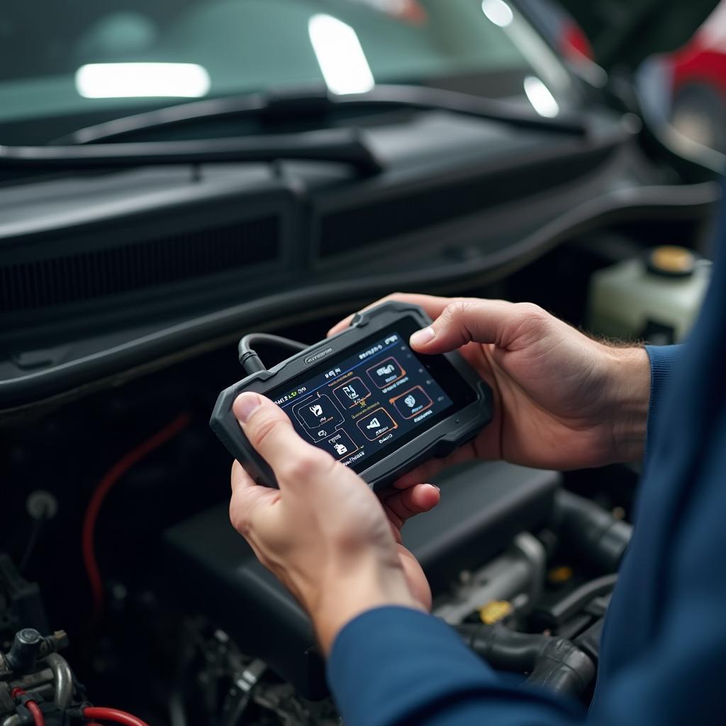 Mechanic using a diagnostic tool on a car engine