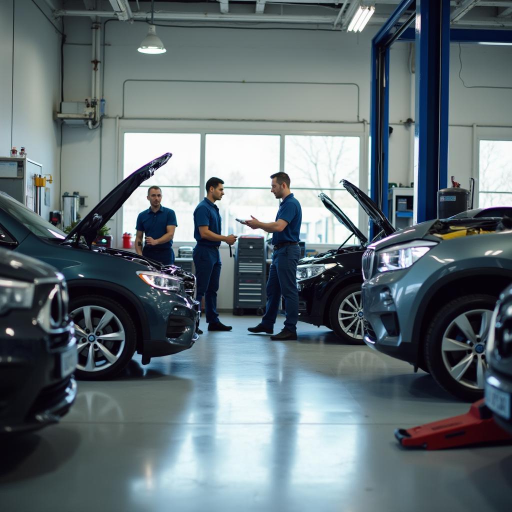 Modern auto repair garage with skilled mechanics