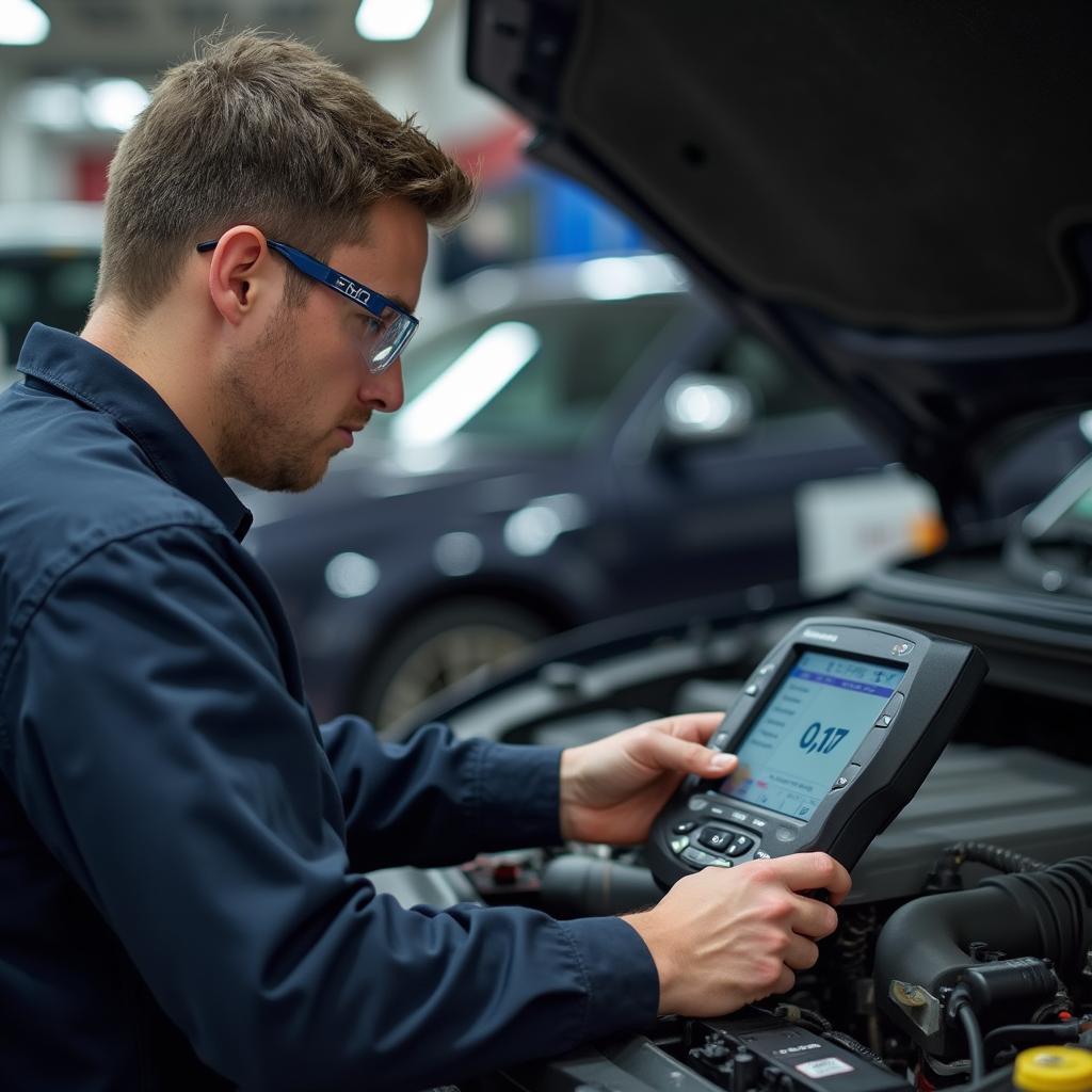 Skilled Technician Performing Vehicle Diagnostics