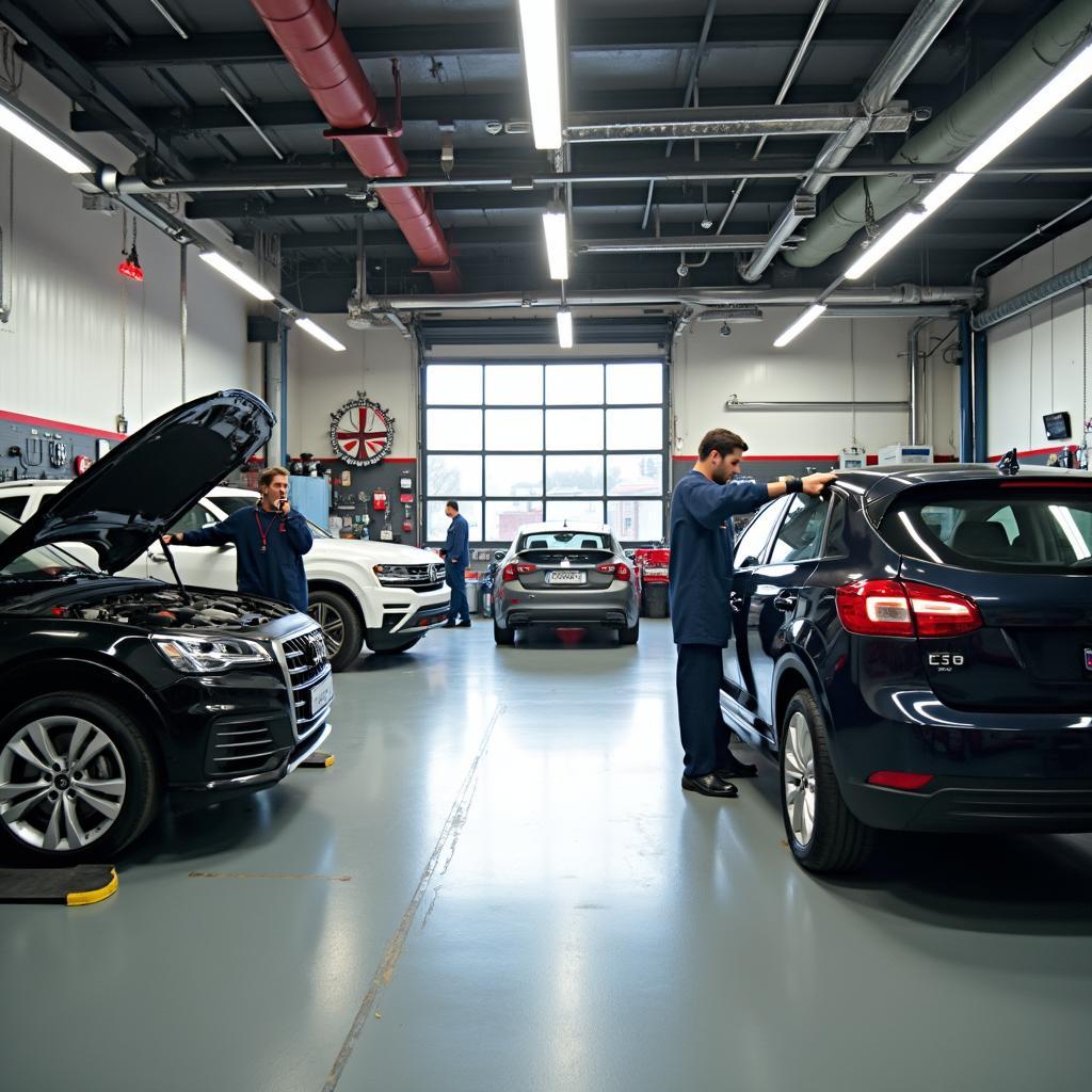 Modern car repair garage with diagnostic equipment