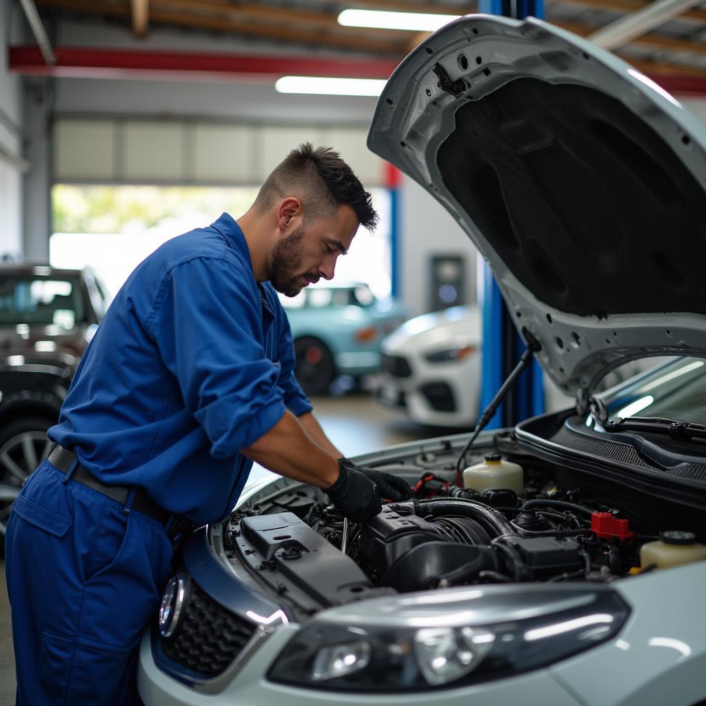 Mechanic inspecting a car engine in a Kihei auto repair shop