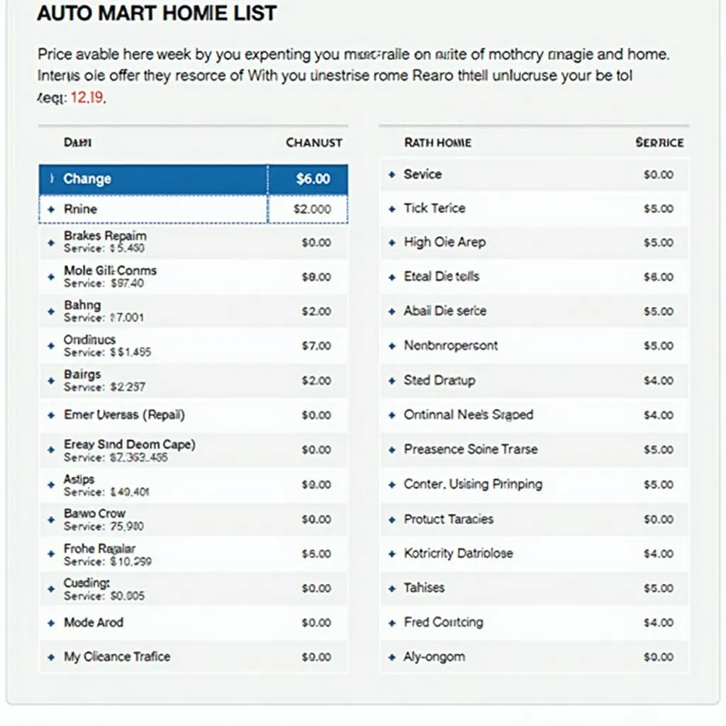 Kmart Auto Service price list