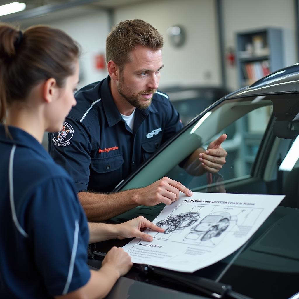 Technician explaining auto glass repair options to a customer.