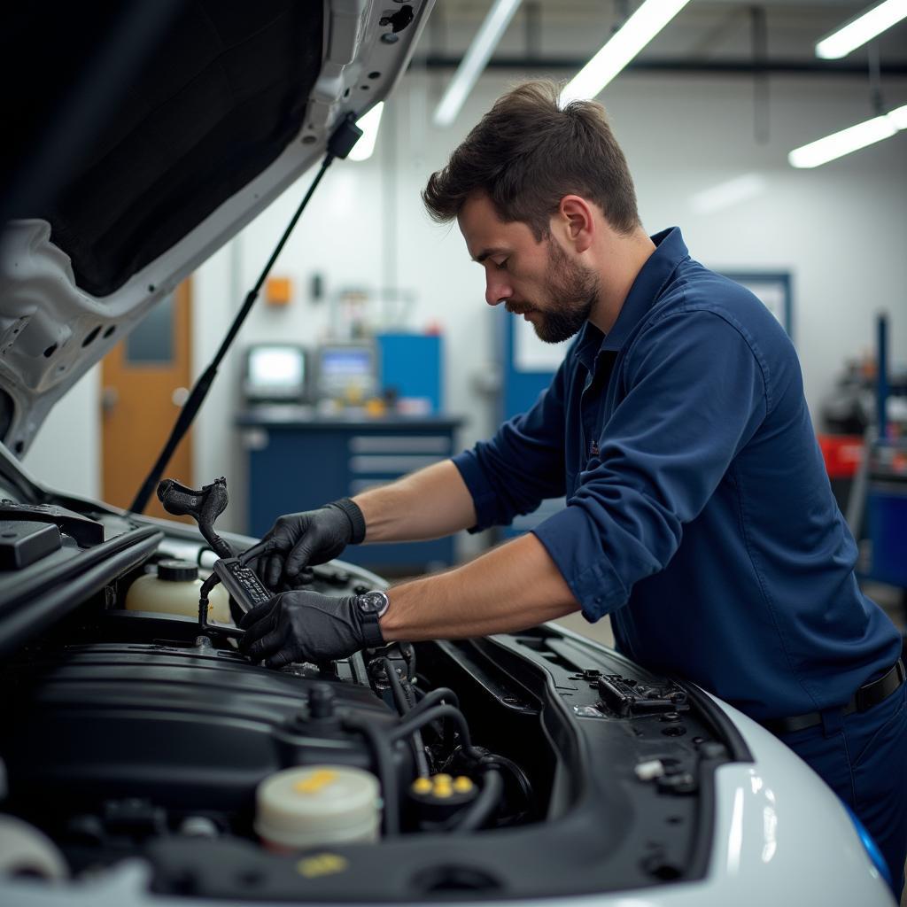 Mechanic inspecting a car engine in a La Verne auto shop