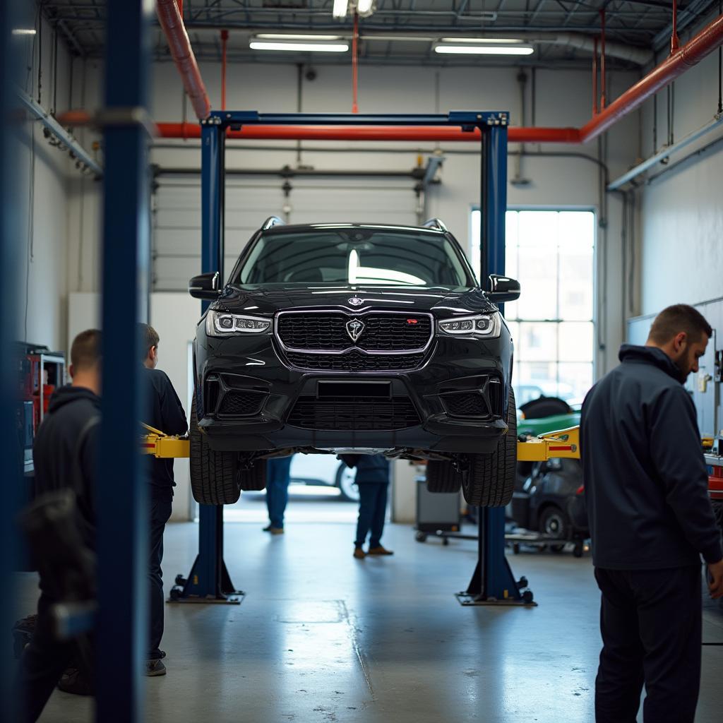 Las Vegas mechanic shop interior with a car on a lift