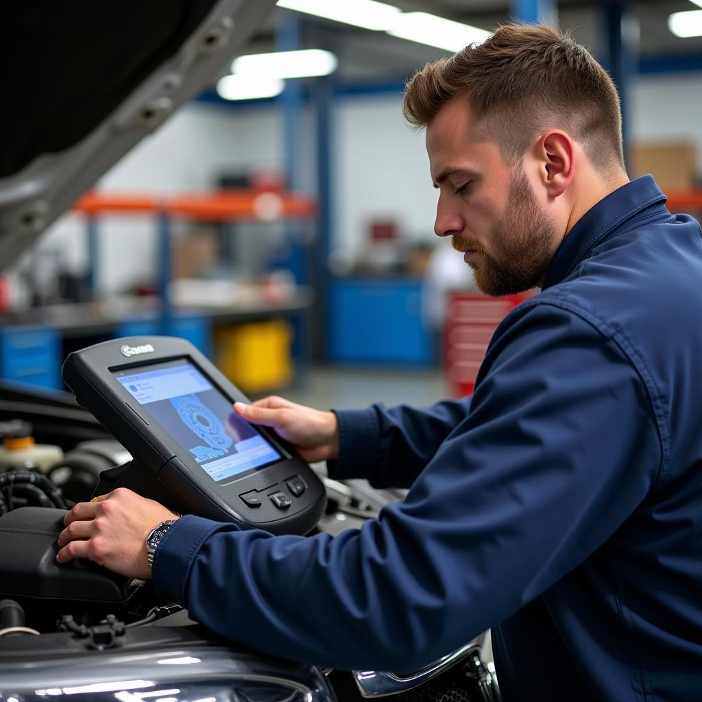 Lee's Auto Service technician using diagnostic equipment