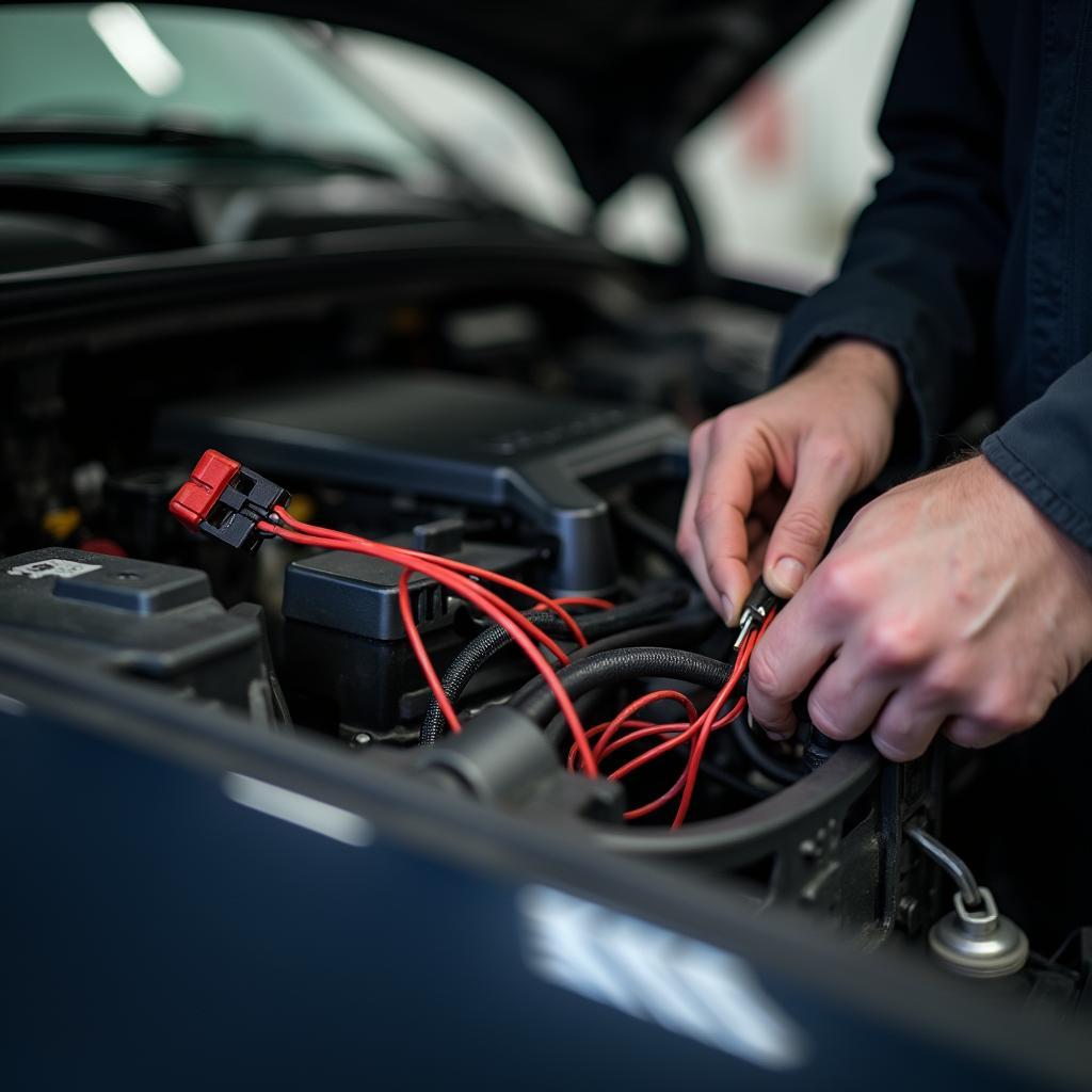 Close-up of a Mechanic's Hands Repairing Electrical Wiring in a Lincoln Car