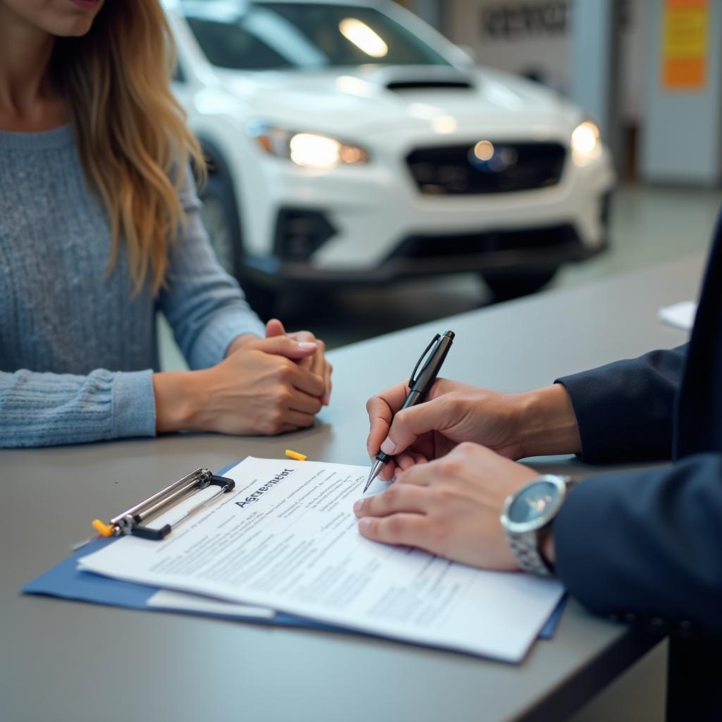 Signing a loaner car agreement at a service center