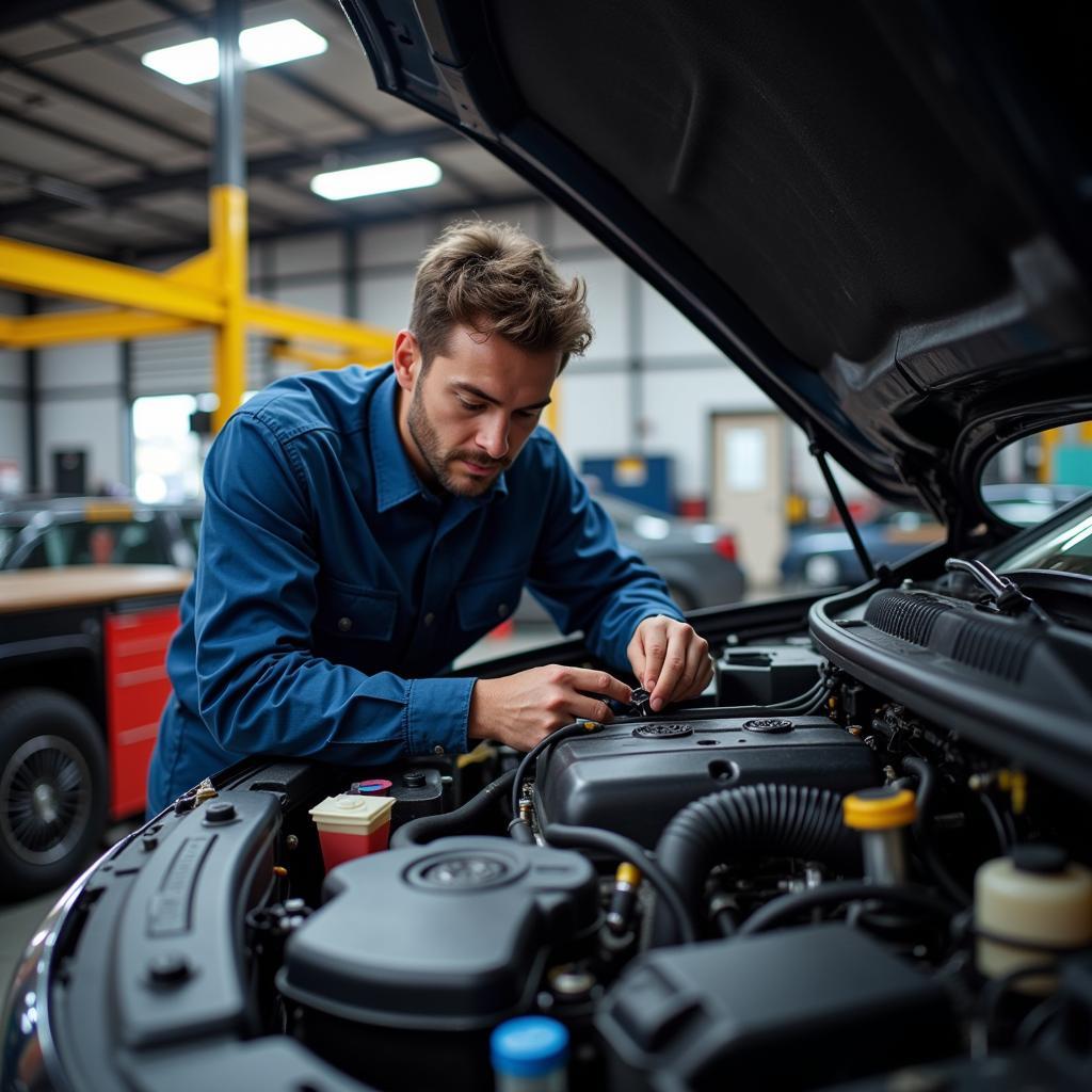 Mechanic inspecting a car engine in a local auto shop