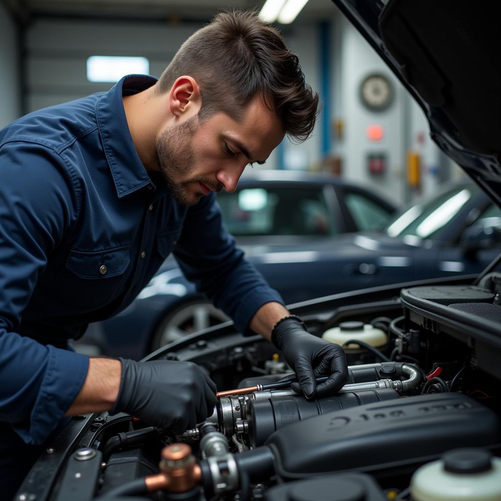 Mechanic inspecting a car engine in London