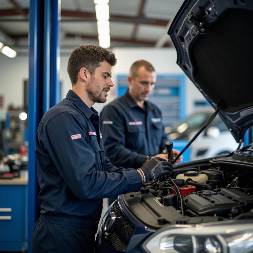 Mechanic working on a car in a Long Island City auto repair shop