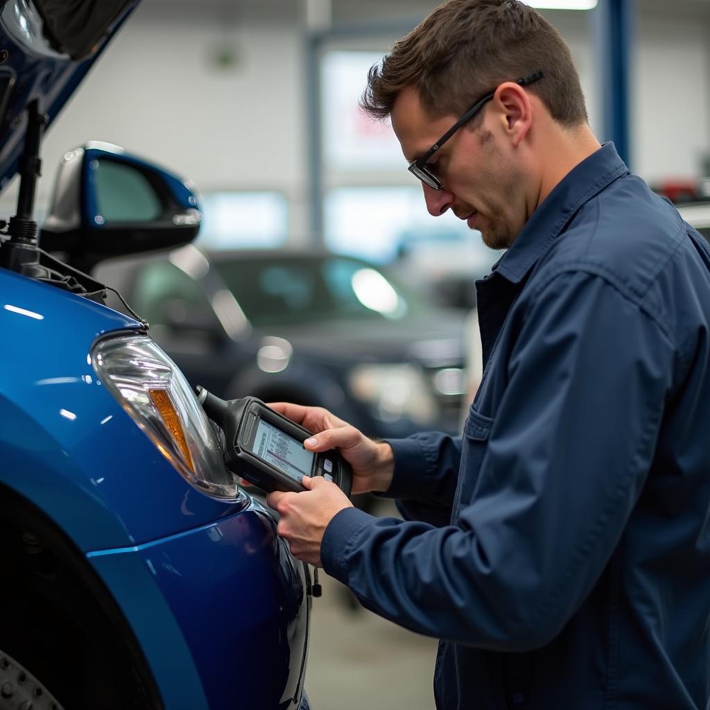 Skilled auto mechanic in Los Gatos using a high-tech diagnostic tool