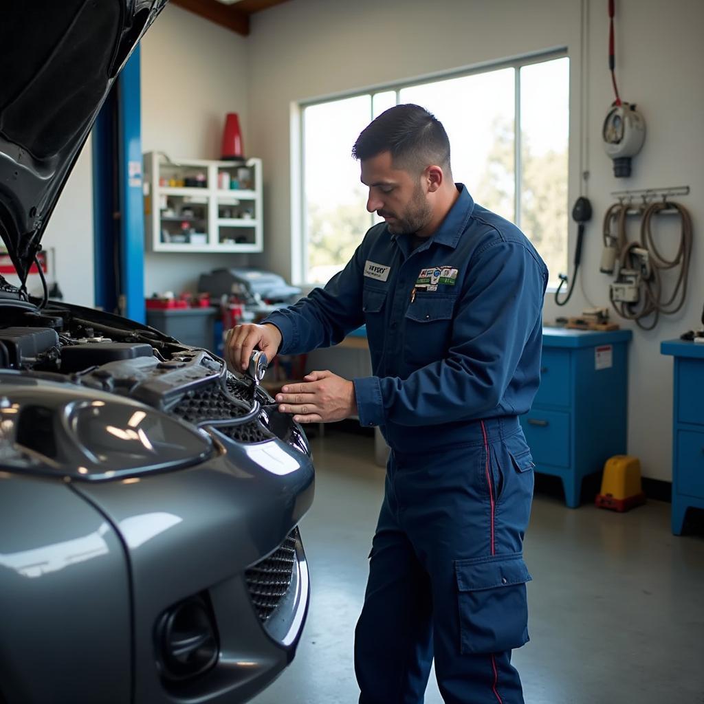 A mechanic performing routine car maintenance in a Los Gatos auto shop