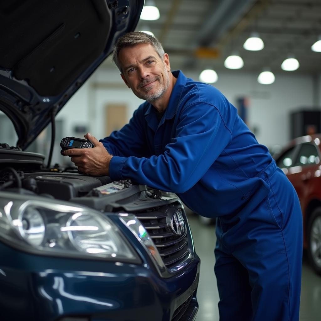 Mechanic inspecting a car in a Louisville auto shop